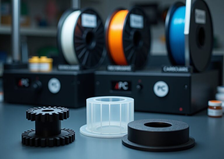 Рабочая мастерская 3D‑печати с образцами из Nylon, поликарбоната и углеродонаполненного филамента на столе