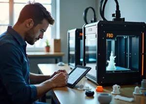 Техник проверяет 3D принтер по чек листу, на столе запасные детали и инструменты