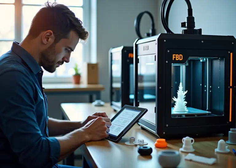 Техник проверяет 3D принтер по чек листу, на столе запасные детали и инструменты