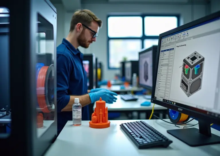 Малый цех 3D‑печати с принтерами оператором материалами и экраном с расчётами себестоимости