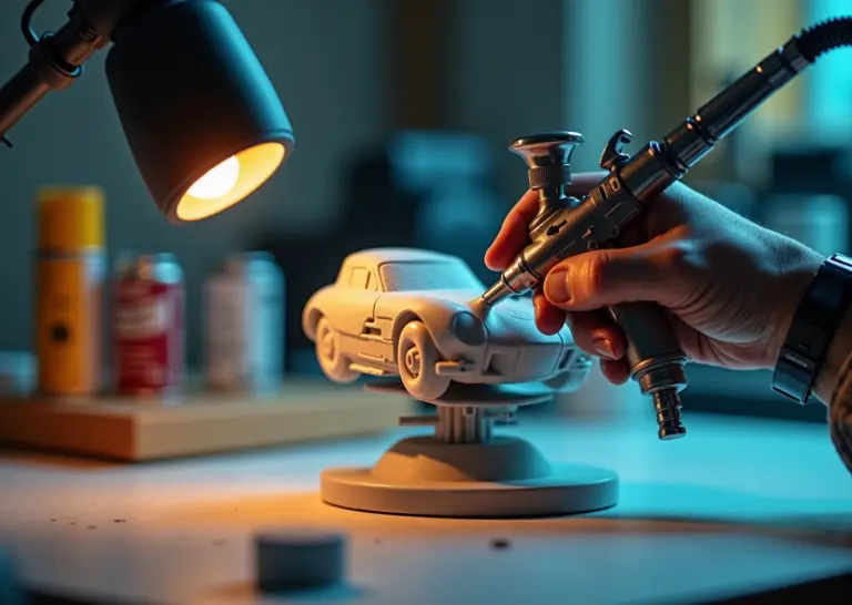 Мастер занимается аэрографией 3D‑печатной детали на рабочем столе с грунтом, лаками и инструментами в мастерской