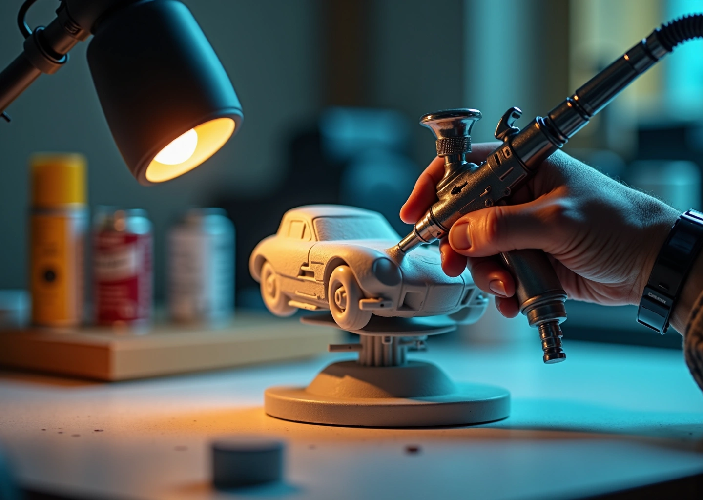 Мастер занимается аэрографией 3D‑печатной детали на рабочем столе с грунтом, лаками и инструментами в мастерской