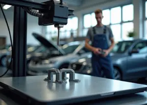 Владелец автосервиса показывает напечатанную 3D пластиковую запчасть на фоне принтера и автомобиля в мастерской