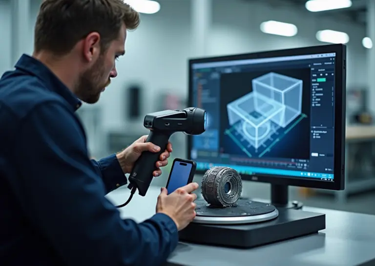 Инженер в мастерской сканирует деталь портативным 3D‑сканером, на экране ноутбука видна 3D‑модель, рядом 3D‑принтер и напечатанные образцы
