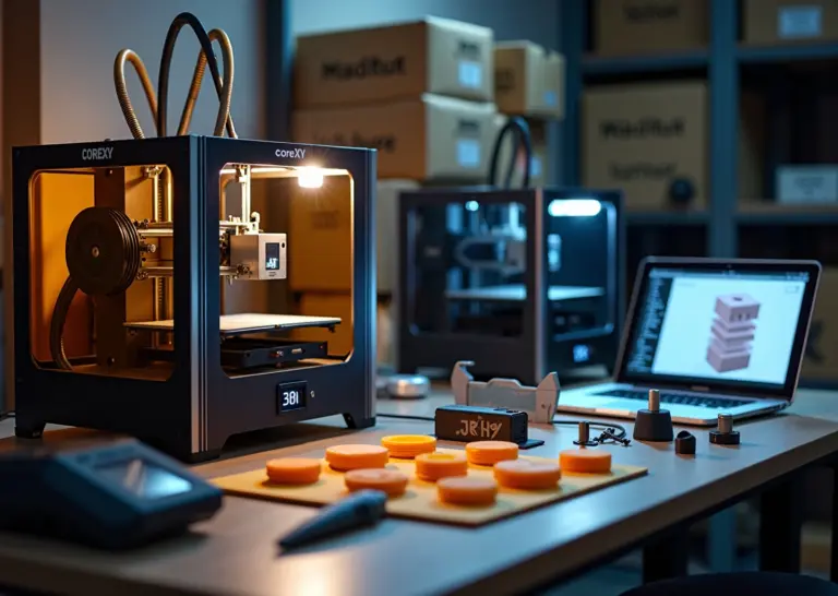 Фотография мастерской: CoreXY и Prusa‑style 3D‑принтеры рядом, напечатанные детали и измерительные инструменты на столе