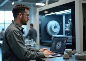 Малое производственное помещение: инженер у полупромышленного 3D принтера, на столе ноутбук с CAD и напечатанные детали