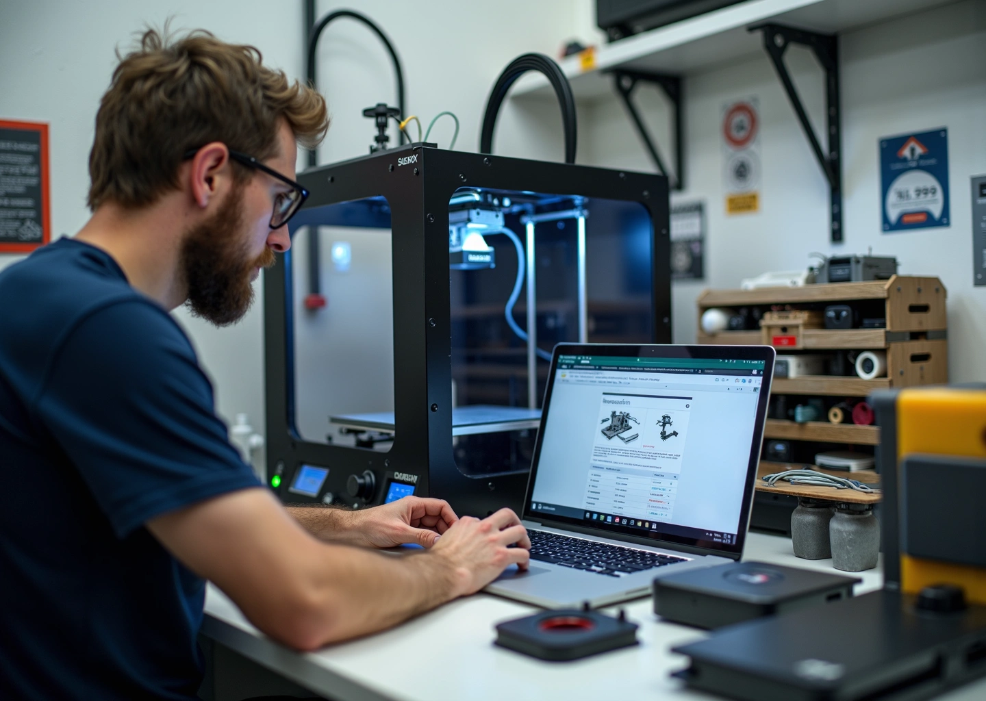 Техник обновляет прошивку 3D‑принтера: ноутбук с конфигурацией, открытая плата и готовые напечатанные детали на столе