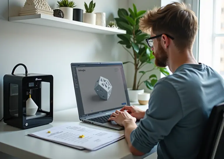 Владелец малого бизнеса показывает страницу 3D модели на ноутбуке рядом с работающим 3D принтером и распечатанными изделиями, на превью виден водяной знак