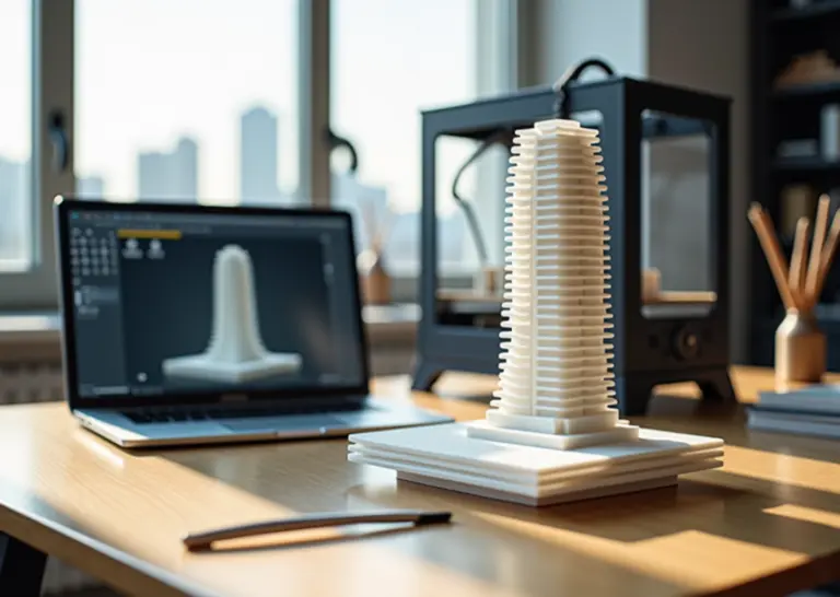 Архитектор на рабочем месте с реалистичным 3D‑печатным макетом здания, принтер и инструменты для постобработки на фоне