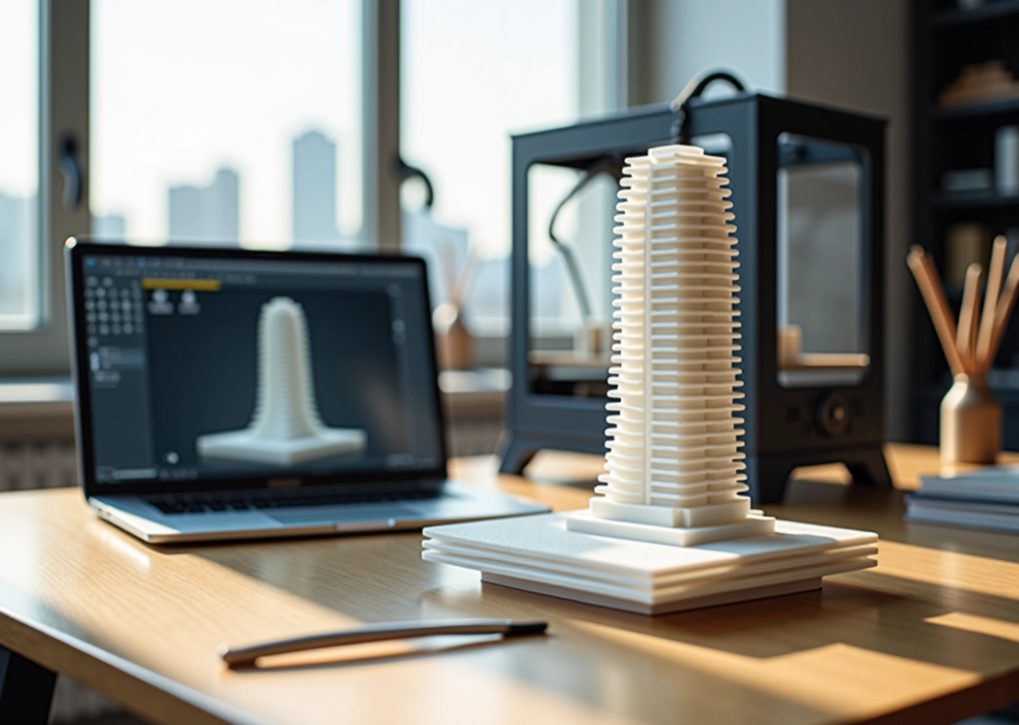 Архитектор на рабочем месте с реалистичным 3D‑печатным макетом здания, принтер и инструменты для постобработки на фоне