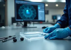 Оператор в перчатках устанавливает новую FEP‑пленку на ванну фотополимерного LCD‑принтера в чистой мастерской; рядом инструменты и калибровочный куб.