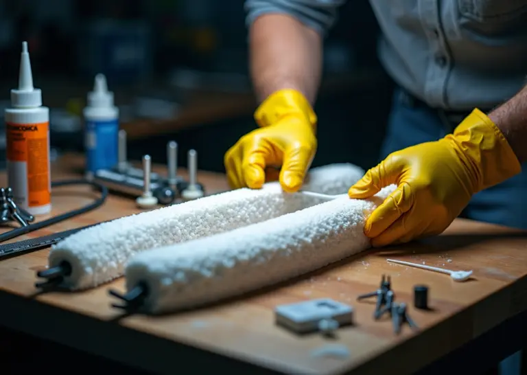 Мастер склеивает крупные 3D‑детали на рабочем столе: эпоксидный клей, струбцины, штифты и инструменты для точной стыковки