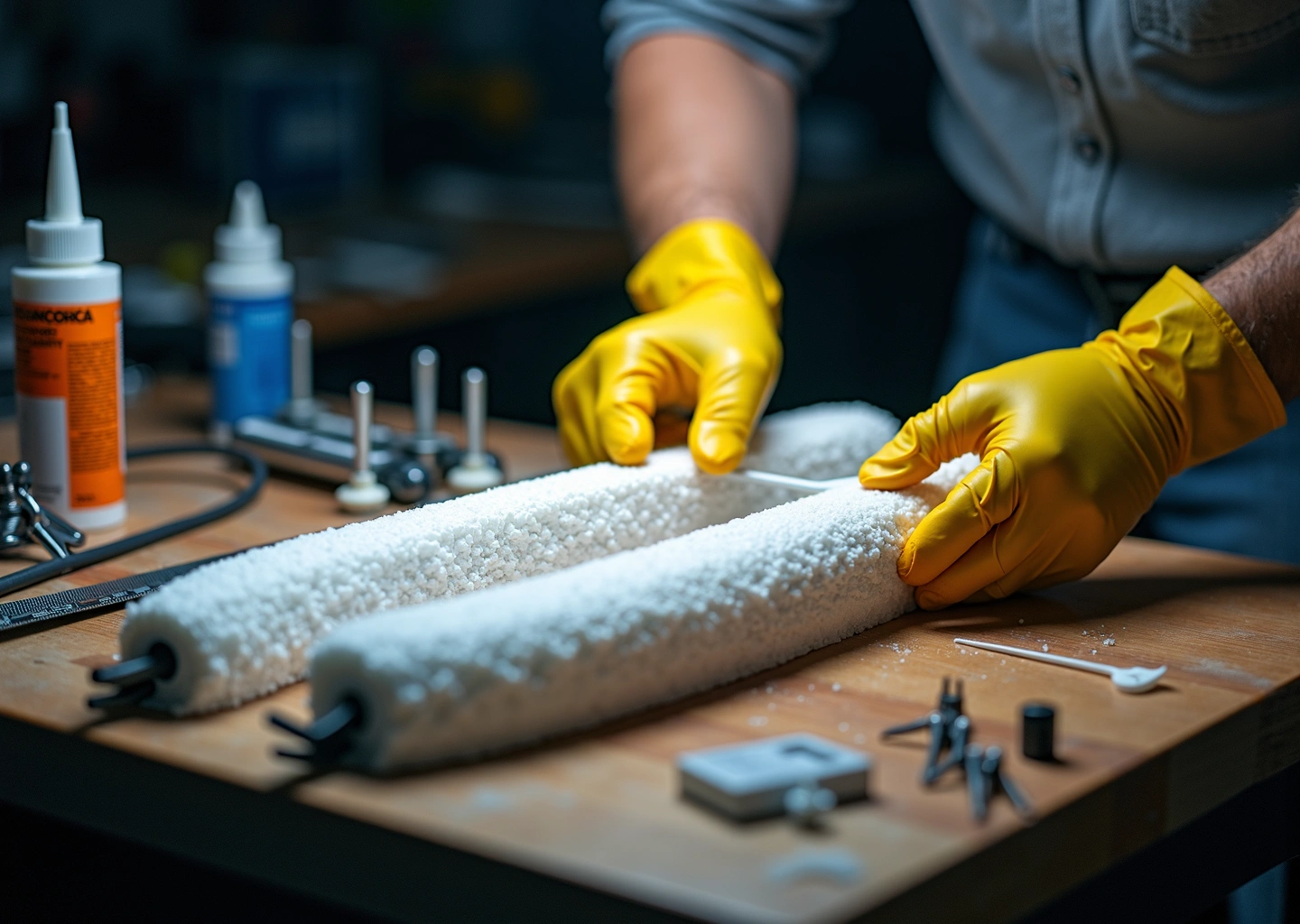 Мастер склеивает крупные 3D‑детали на рабочем столе: эпоксидный клей, струбцины, штифты и инструменты для точной стыковки