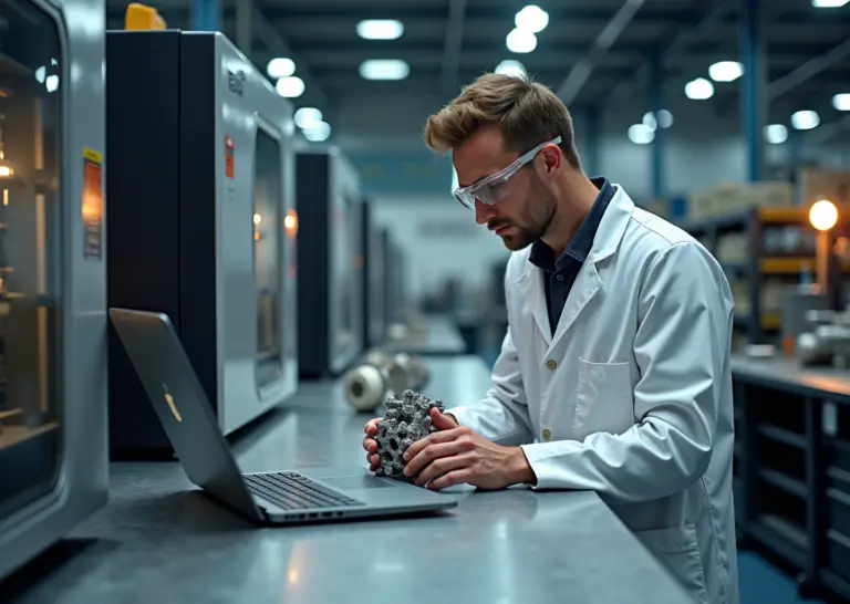 Фотография промышленного 3D‑принтера в российской мастерской техник в защитной одежде проверяет отпечатанную деталь на фоне компьютера с CAD и полок с материалами