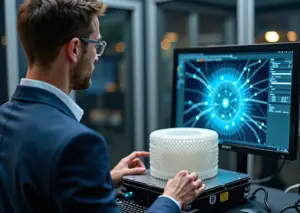 Инженер у 3D‑принтера с экраном, на котором видно генеративный дизайн и визуализацию ИИ, в производственной мастерской