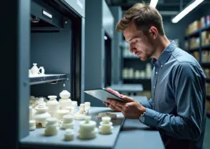 Промышленный принтер SLS с готовыми пластиковыми деталями на фоне малого производственного офиса