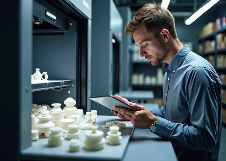 Промышленный принтер SLS с готовыми пластиковыми деталями на фоне малого производственного офиса