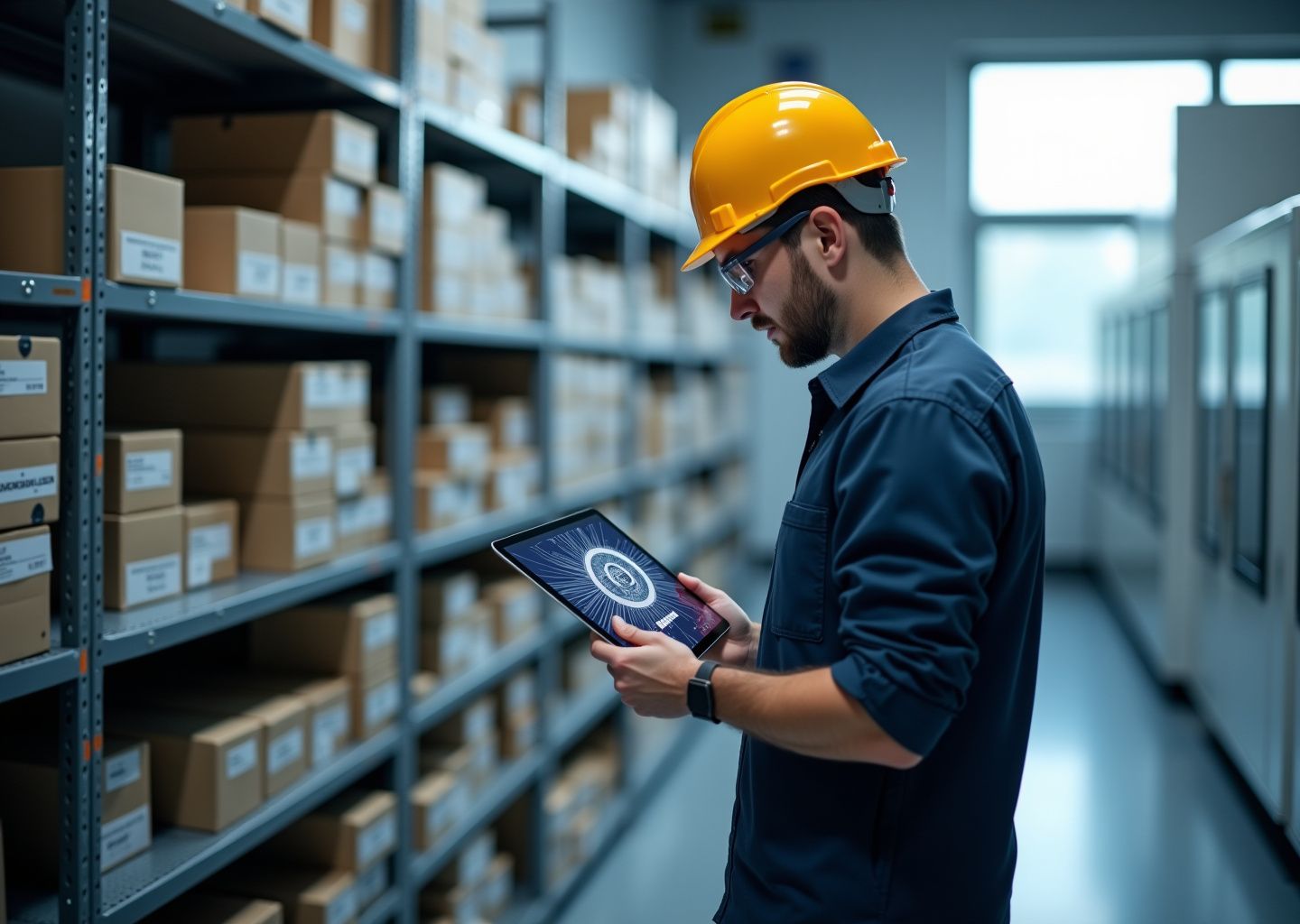 Инженер с планшетом контролирует 3D‑принтеры в малом цехе; на полках виден сокращённый склад и подписанные цифровые модели