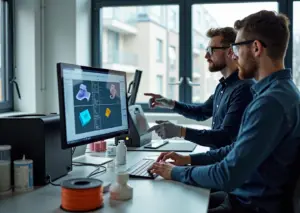 Инструктор показывает сотруднику процесс 3D‑печати рядом с принтером и напечатанными деталями в небольшом цехе