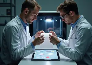 Рабочая сцена малой мастерской: 4D напечатанный полимерный лист сгибается под нагревом, рядом 3D принтер, инженеры и планшет с CAD‑моделью