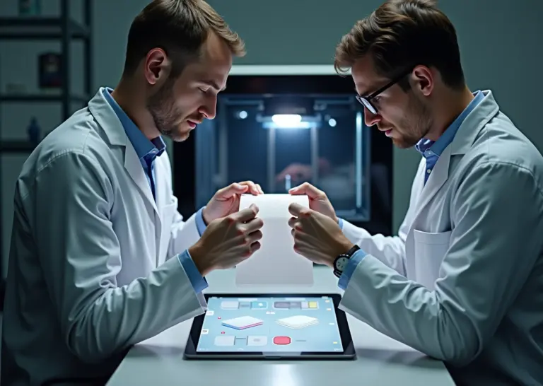 Рабочая сцена малой мастерской: 4D напечатанный полимерный лист сгибается под нагревом, рядом 3D принтер, инженеры и планшет с CAD‑моделью