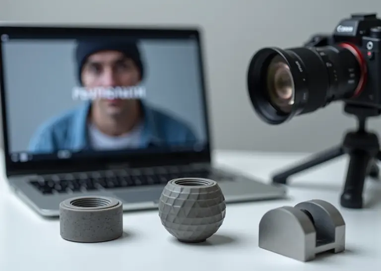 Профессиональная студия 3D‑печати с разными напечатанными деталями и открытым портфолио на ноутбуке