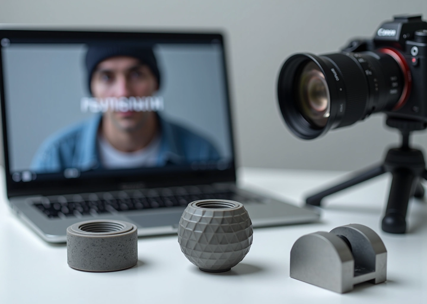 Профессиональная студия 3D‑печати с разными напечатанными деталями и открытым портфолио на ноутбуке