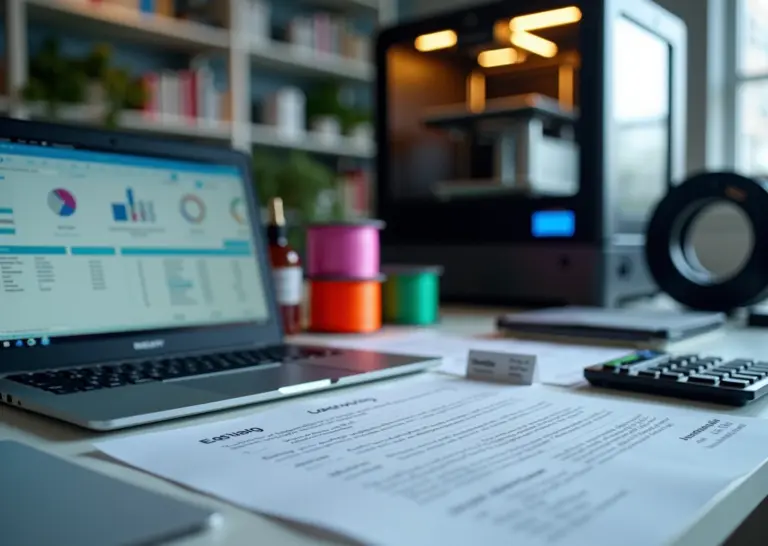 Мастерская 3D‑печати: принтеры, материалы, ноутбук с бухгалтерскими документами и калькулятор