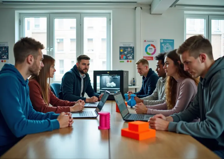Ученики и преподаватель в светлом школьном мейкерспейсе у 3D‑принтера, ноутбук с CAD‑моделью и напечатанные прототипы на столе