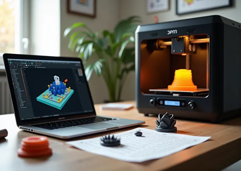 Съемка рабочего места малого бизнеса: 3D принтер печатает кастомную деталь, рядом ноутбук с параметрической моделью и образцы персонализированных изделий, элементы интерфейса на русском языке