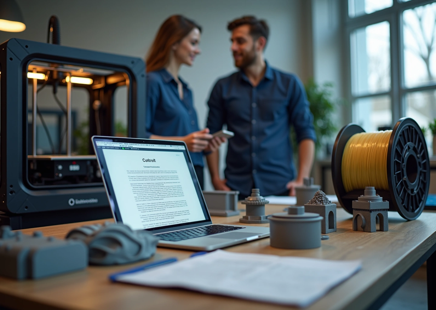 Мастерская 3D‑печати: предприниматель и клиент обсуждают договор на фоне работающего 3D‑принтера и напечатанных деталей