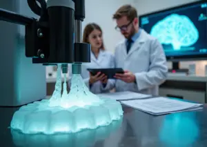 Современная лаборатория биопечати: биопринтер печатает фрагмент ткани, ученые обсуждают результаты на планшете в стерильной зоне.