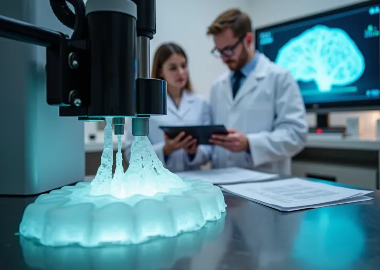 Современная лаборатория биопечати: биопринтер печатает фрагмент ткани, ученые обсуждают результаты на планшете в стерильной зоне.