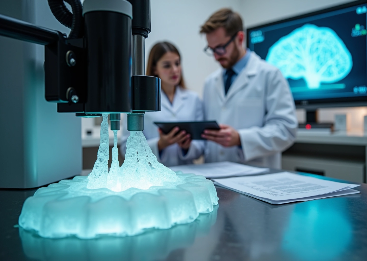 Современная лаборатория биопечати: биопринтер печатает фрагмент ткани, ученые обсуждают результаты на планшете в стерильной зоне.