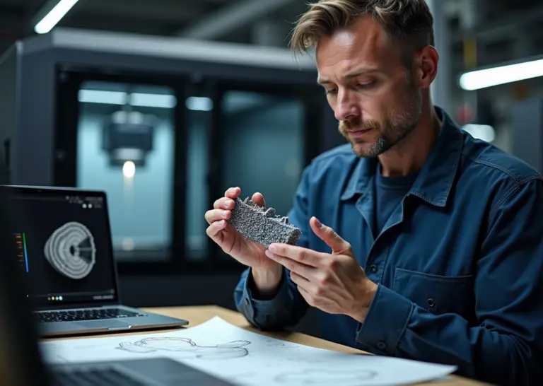 Инженер малого производства осматривает металличесную деталь, напечатанную методом SLM/DMLS, на фоне рабочего SLM-аппарата и инструментов постобработки