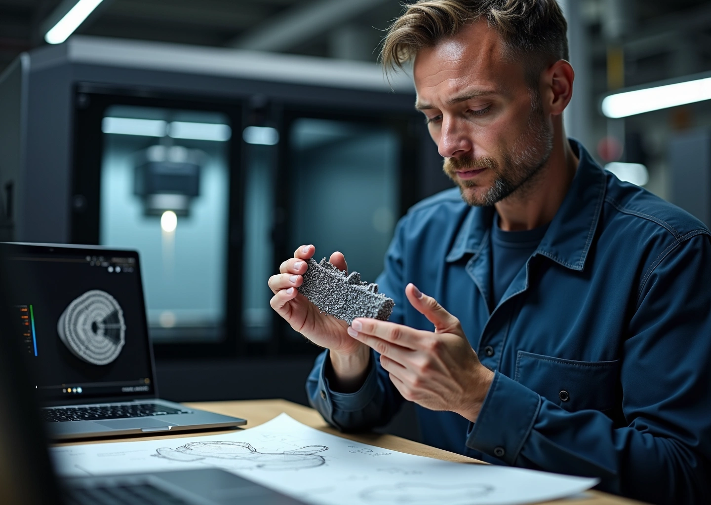 Инженер малого производства осматривает металличесную деталь, напечатанную методом SLM/DMLS, на фоне рабочего SLM-аппарата и инструментов постобработки