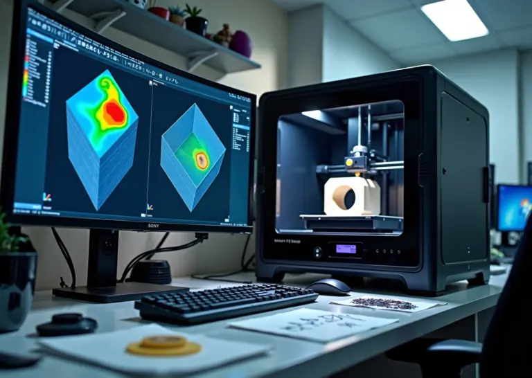 Инженерный стол с экранами CAD CAM CAE и работающим 3D‑принтером, демонстрирующий интеграцию цифрового процесса