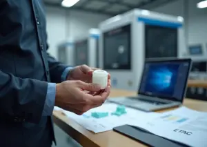 Мастер в маленькой мастерской 3D печати держит напечатанную деталь с маркировкой EAC рядом с документами сертификации и экраном с CAD