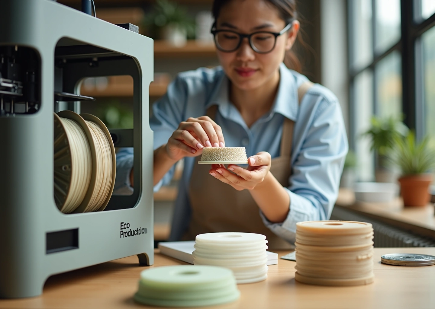 Мастерская с 3D‑принтером, катушки биоразлагаемого филамента и напечатанные эко‑изделия на столе