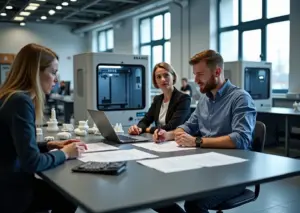 Небольшая мастерская с работающими 3D принтерами, предприниматель и представитель лизинговой компании обсуждают договор на столе с калькулятором и ноутбуком, готовые прототипы на верстаке.