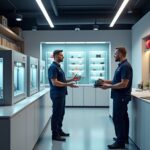 Интерьер франчайзинговой мастерской 3D печати в России: принтеры, оператор показывает клиенту готовые модели, видны материалы и логотип франшизы