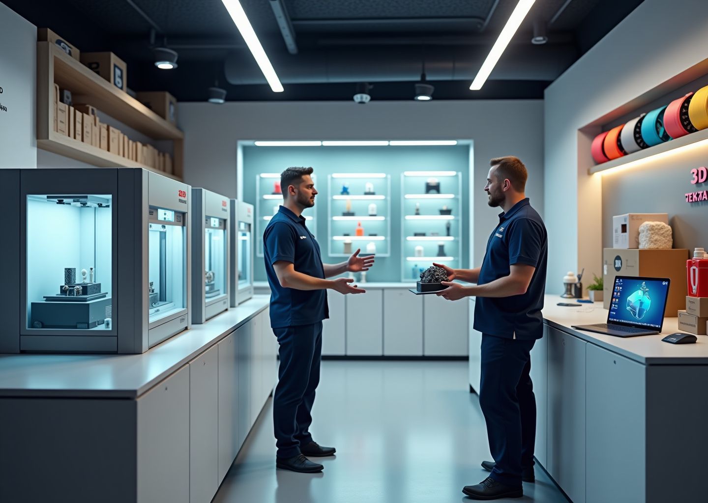 Интерьер франчайзинговой мастерской 3D печати в России: принтеры, оператор показывает клиенту готовые модели, видны материалы и логотип франшизы