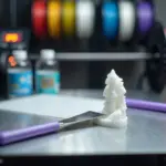 Крупный план стола 3D‑принтера с частично отклеивающейся моделью, инструменты для улучшения адгезии и катушки филамента на фоне