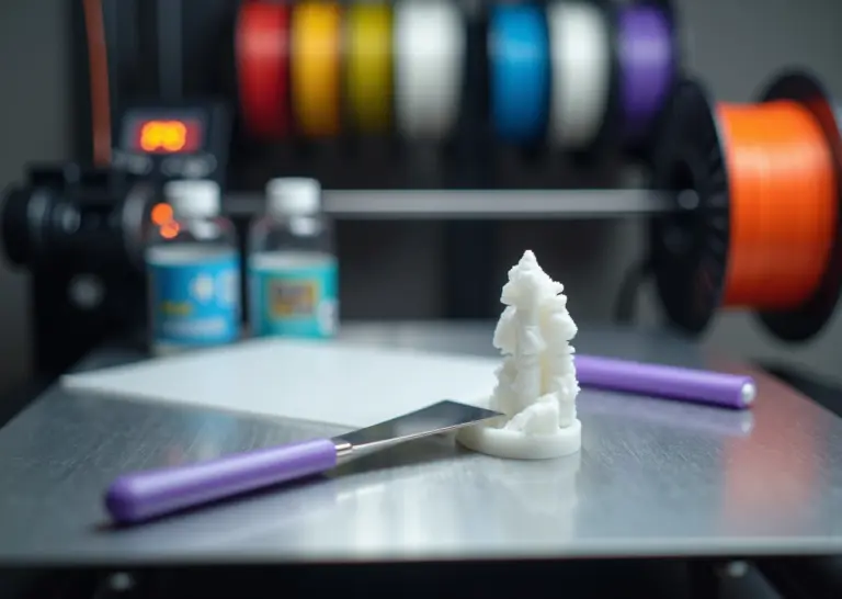 Крупный план стола 3D‑принтера с частично отклеивающейся моделью, инструменты для улучшения адгезии и катушки филамента на фоне