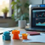 Стол с настольным 3D принтером и три образца печати маркированные PLA ABS PETG рядом с ноутбуком и документами предпринимателя