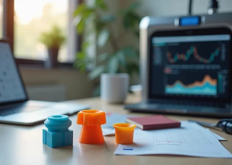 Стол с настольным 3D принтером и три образца печати маркированные PLA ABS PETG рядом с ноутбуком и документами предпринимателя