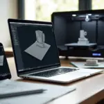 Рабочее место стартапа с ноутбуком, на экране 3D‑модель, на столе образцы напечатанных прототипов и 3D‑принтер на заднем плане