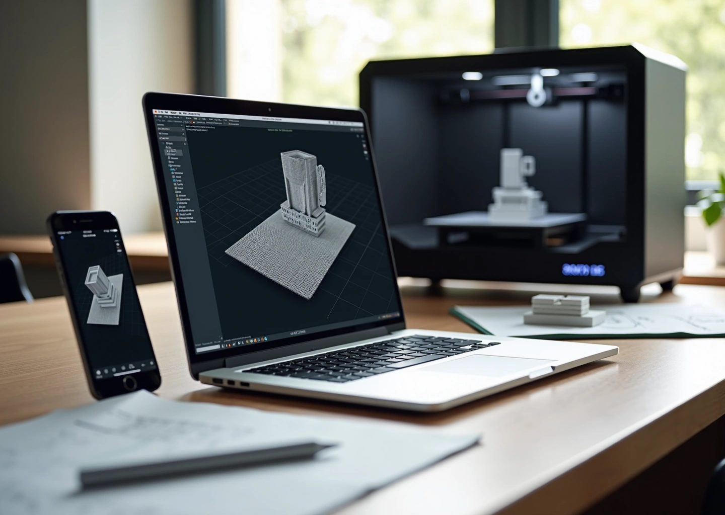 Рабочее место стартапа с ноутбуком, на экране 3D‑модель, на столе образцы напечатанных прототипов и 3D‑принтер на заднем плане