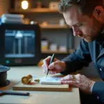 Техник осматривает напечатанную деталь с признаками недоэкструзии рядом с работающим экструдера и катушкой филамента в мастерской