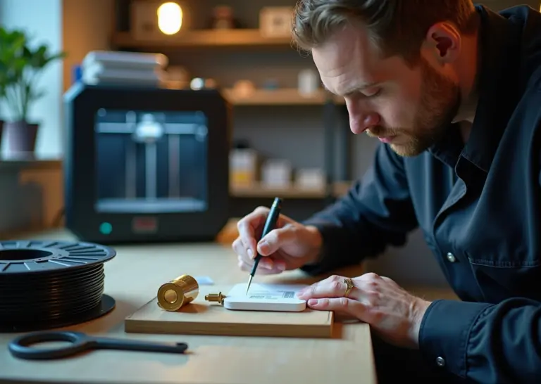 Техник осматривает напечатанную деталь с признаками недоэкструзии рядом с работающим экструдера и катушкой филамента в мастерской